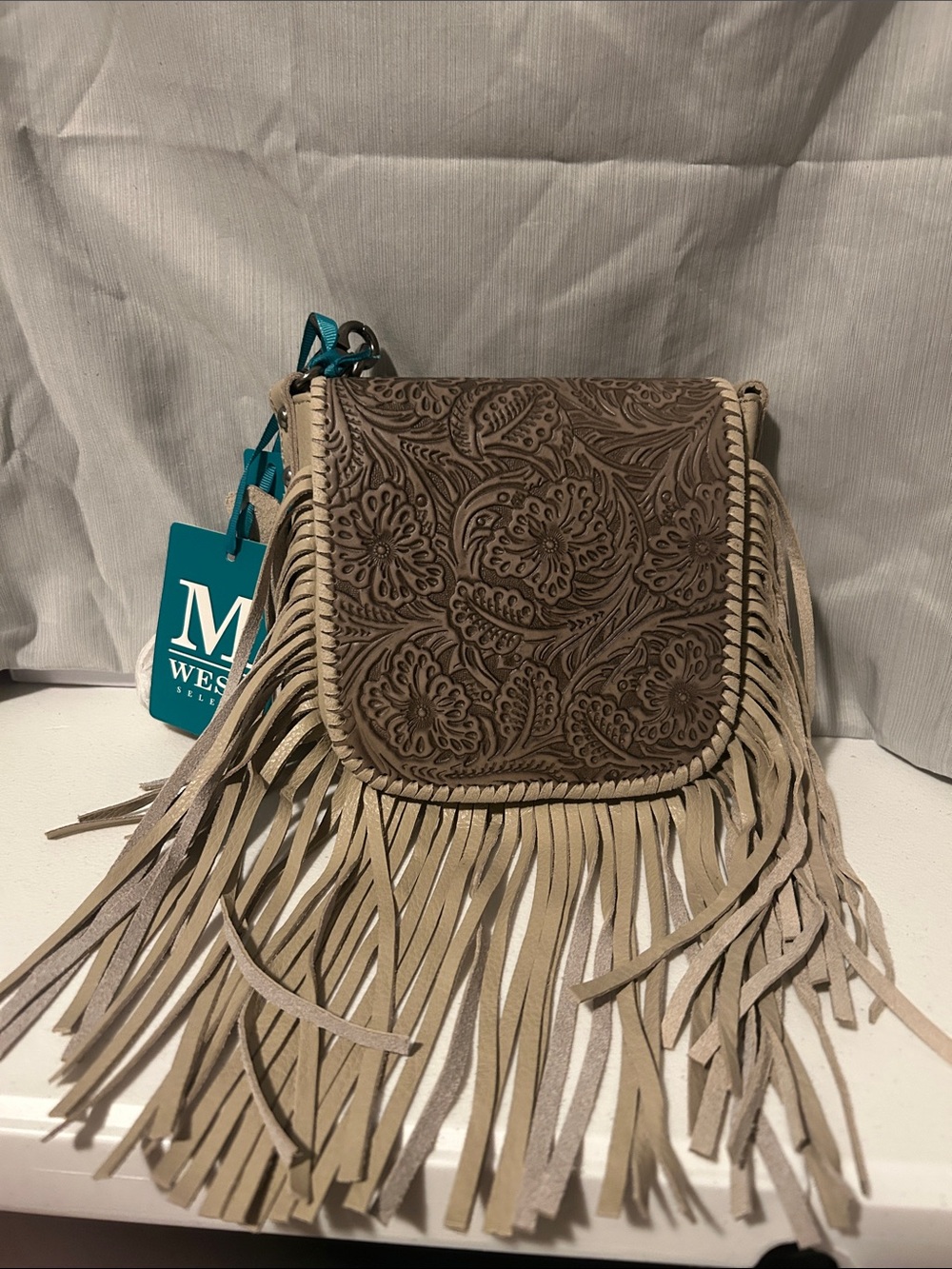 Embossed Fringe Crossbody Bag - Taupe/Brown
